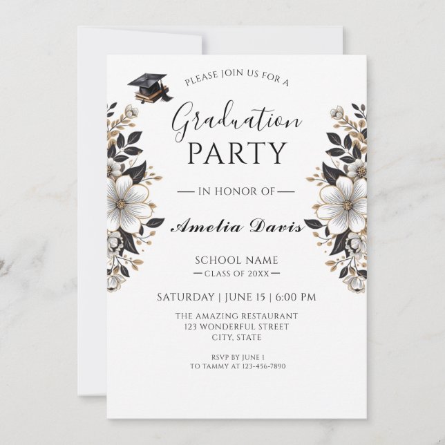 Convite para celebração de graduação em preto e Do (Frente)