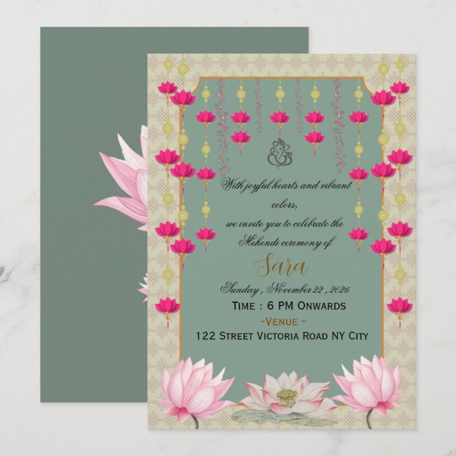 Convite para Cerimônia de Mehendi em Casamento Ind (Frente/Verso)