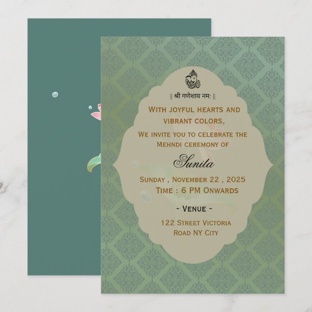 Convite para Cerimônia de Mehndi de Casamento Indi (Frente/Verso)