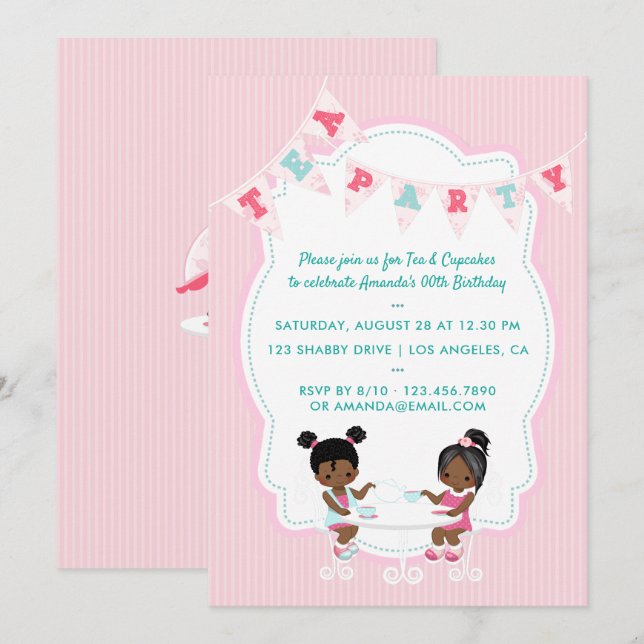 Convite para chá de aniversário de menina afro-ame (Frente/Verso)