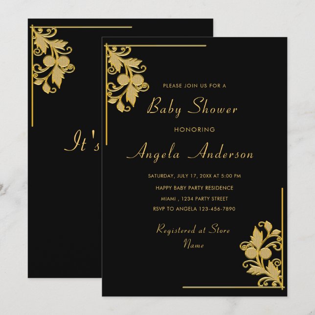 Convite para Chá de Baby Boy enquadrado pelo ouro  (Frente/Verso)