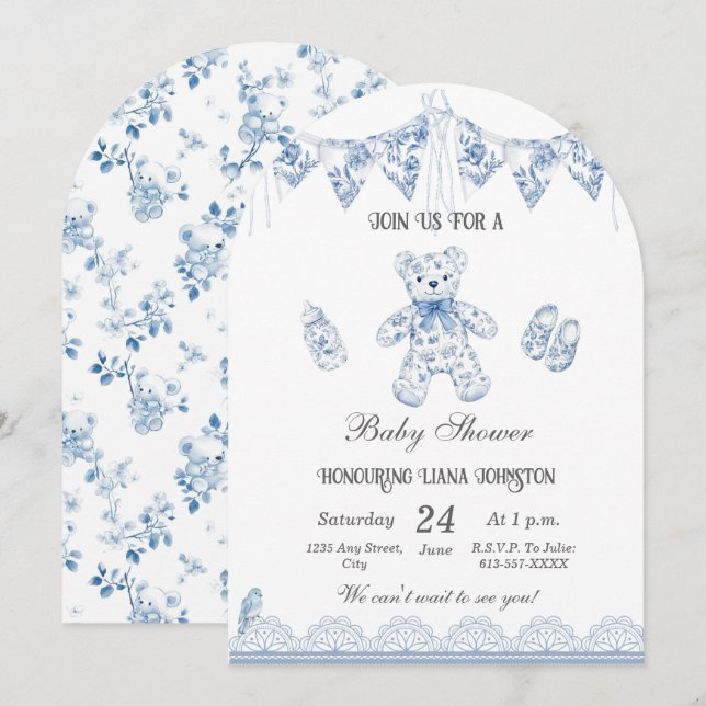 Convite para Chá de Bear-Baby-Boy Blue-French (Frente/Verso)