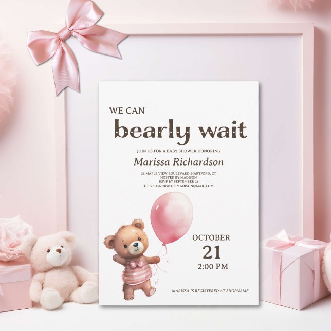 Convite para Chá de Bear Bear Baby Girl (sweet pink teddy bear we can bearly wait baby girl shower invitation, cute classic custom invite)