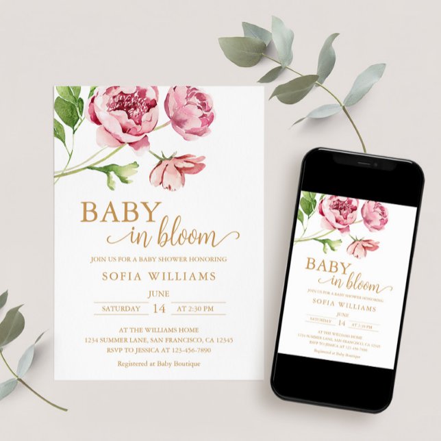Convite para Chá de Bebê "Baby in Bloom" (Send as Evite, Print at Home or Order Printed + Shipped Invites)