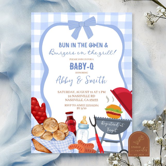 Convite para chá de bebê Blue Gingham Plaid BabyQ (Criador carregado)