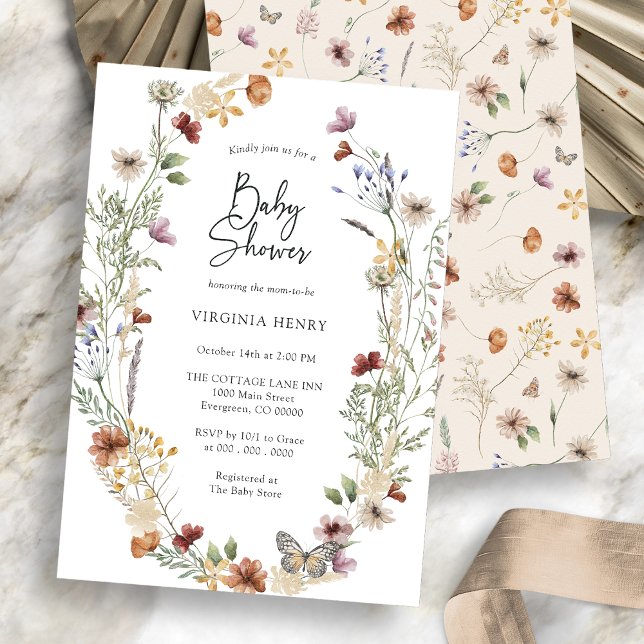 Convite para Chá de Bebê Boho Wildflower (Boho Wildflower Baby Shower Invitation White Front and Tan Back
)