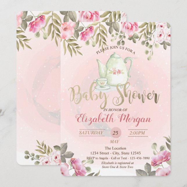 Convite para Chá de Bebê com Bule de Flores em Aqu (Frente/Verso)