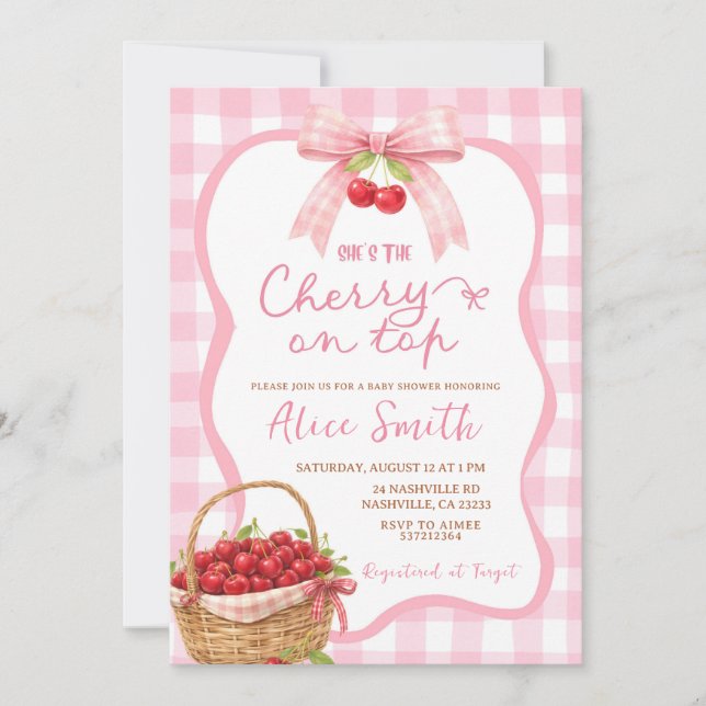 Convite para Chá de Bebê com Xadrez Gingham Rosa e (Frente)