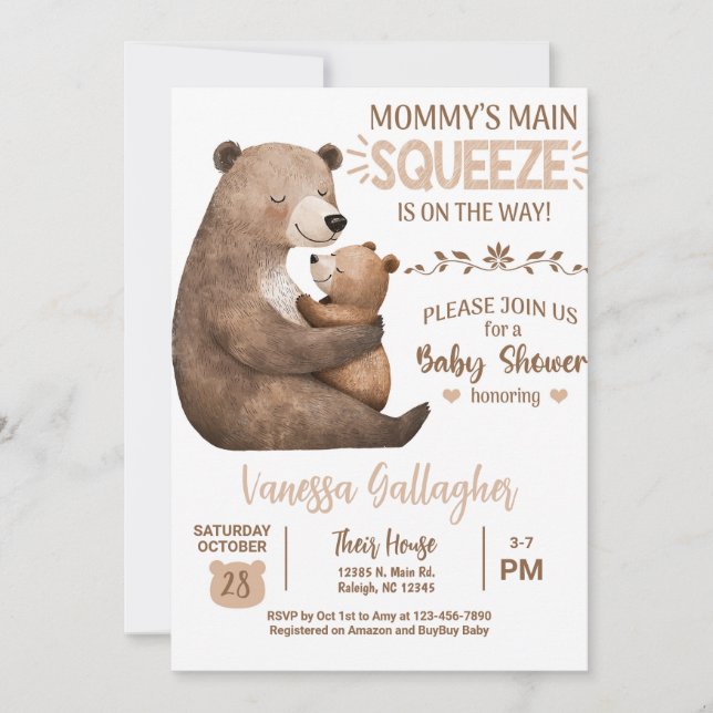 Convite para chá de bebê da mamãe e ursinho bebê. (Frente)