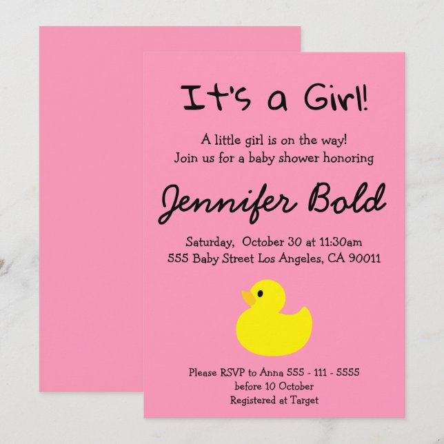 Convite para Chá de Bebê da Menina do Pato Amarelo (Frente/Verso)