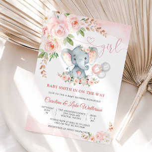 Convite para Chá de Bebê da Menina Elefante Floral