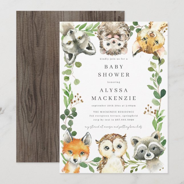Convite para Chá de Bebê de Animais da Floresta (Frente/Verso)