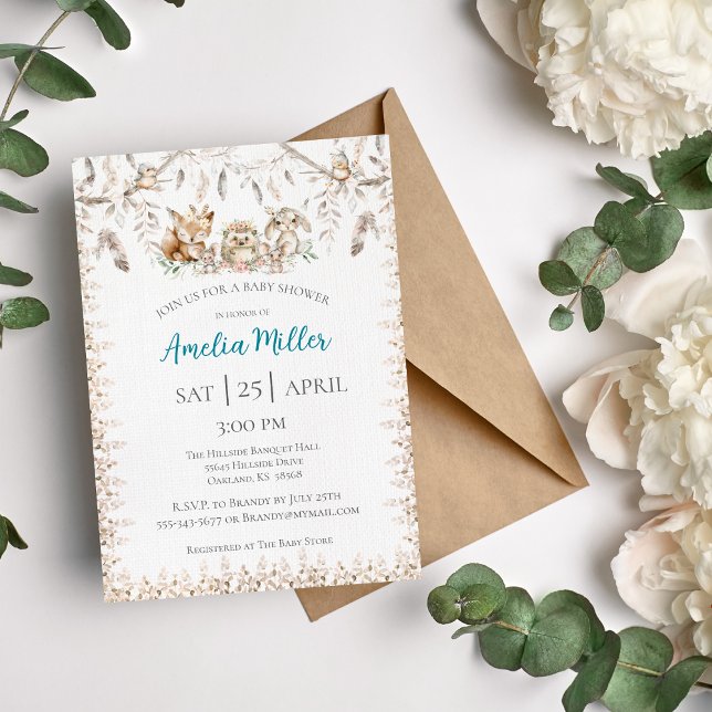 Convite para Chá de Bebê de Animais da Floresta Bo (Woodland Babies Boho Forrest Baby Shower Invitation)