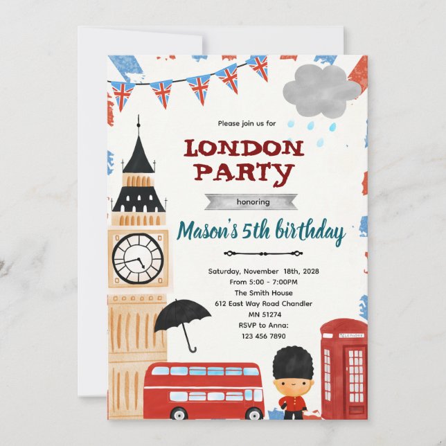 Convite para chá de bebê de aniversário em Londres (Frente)