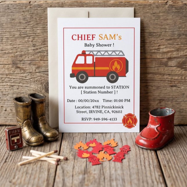 Convite para Chá de Bebê de Bombeiro (Firefighter Baby Shower Invitation)