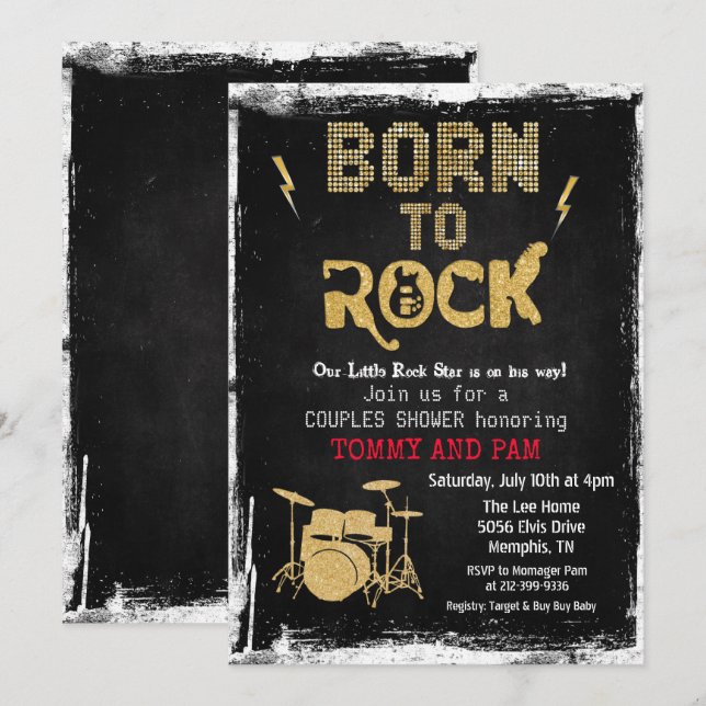 Convite para Chá de Bebê de Estrela do Rock Nascid (Frente/Verso)