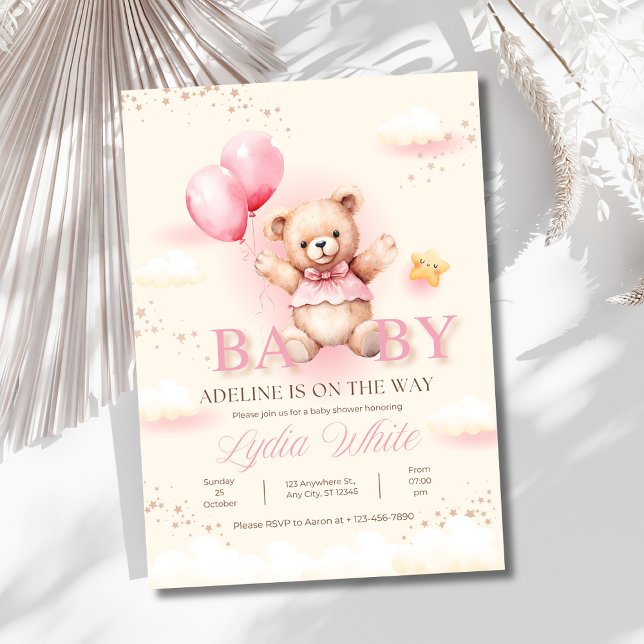 Convite para chá de bebê de menina, balões de ursi (Criador carregado)