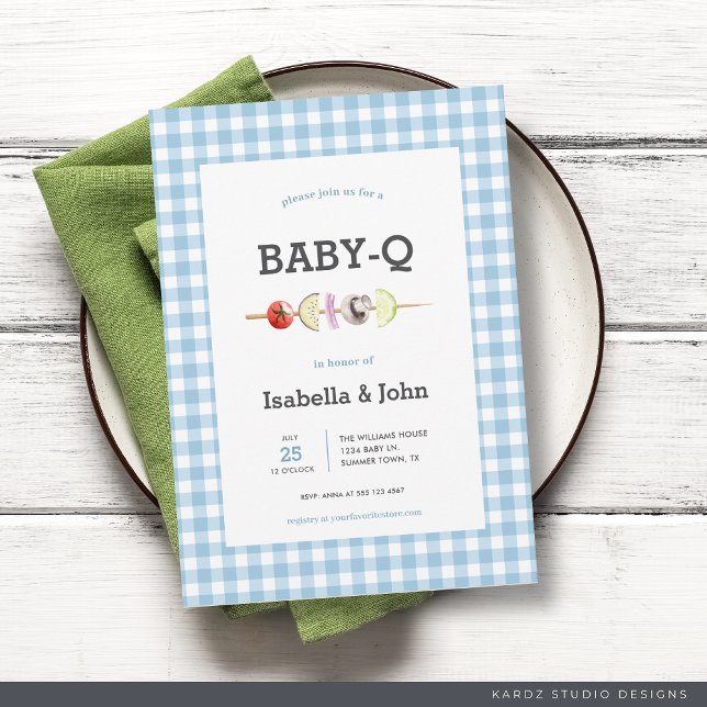 Convite para Chá de Bebê do Casal Blue Gingham Bab (Invite shown in 5 x 7 inches with square corner, choose size, paper and corner style before checkout)