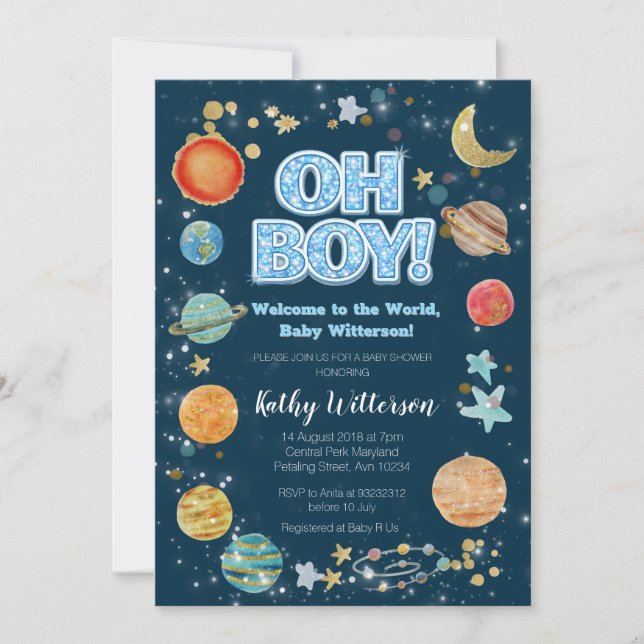 Convite para Chá de Bebê do Menino Planetas Espaço (Frente)