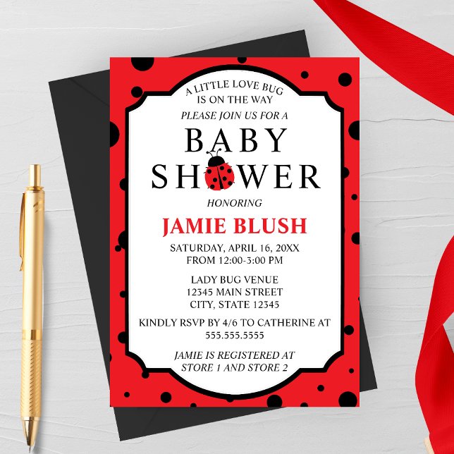 Convite para Chá de Bebê do Pequeno Amorzinho (Ladybug Baby Shower | Little Love Bug Baby Shower Invitation Red and Black)