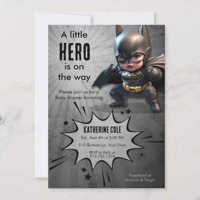 Convite para Chá de Bebê do Super-Herói Morcego (Frente)