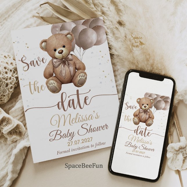 Convite para Chá de Bebê do Ursinho Teddy - salve  (Teddy Bear,Baby Shower,Invitation,We Can Bearly Wait,Boy invites,hot air balloon,save she date,Bear )
