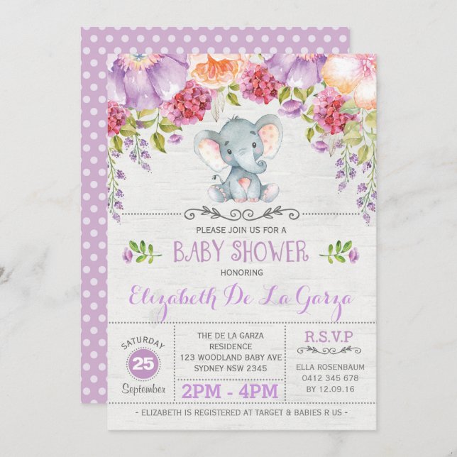 Convite para Chá de bebê elefante floral roxo (Frente/Verso)