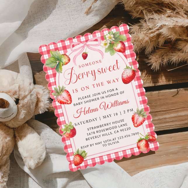 Convite para Chá de Bebê Gingham Coquette Berry Ba (Cute Red Gingham Straberries baby shower Invitation)