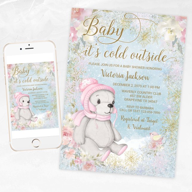 Convite para Chá de Bebê Menina Bebê Está Frio Lá  (Girl winter bear baby shower invitation. Girl winter wonderland baby shower invitation. )