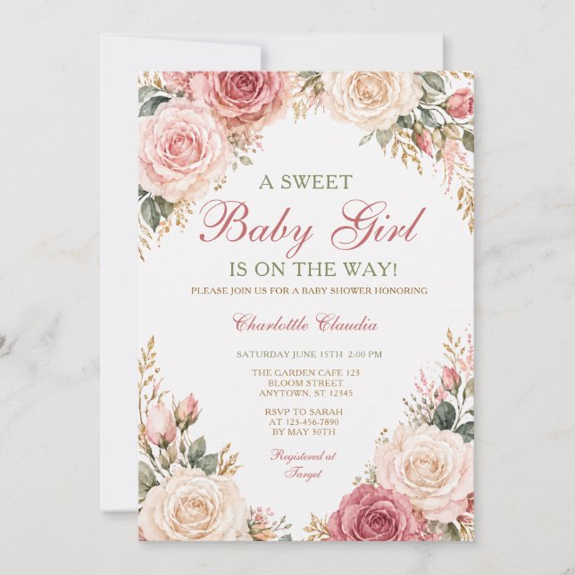 Convite para Chá de Bebê Menina Floral Rosa Rubor (Frente)