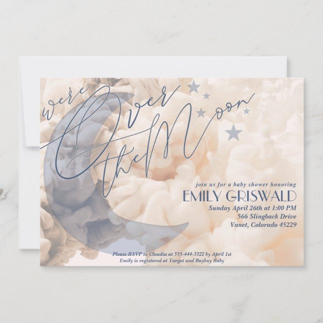 Convite para Chá de Bebê Menino Sobre a Lua (Frente)