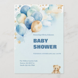 Convite para Chá de Bebê Menino Urso Teddy Azul