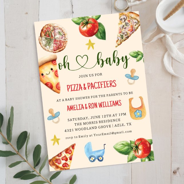 Convite para Chá de Bebê Oh Baby Pizza + Chupetas (Criador carregado)
