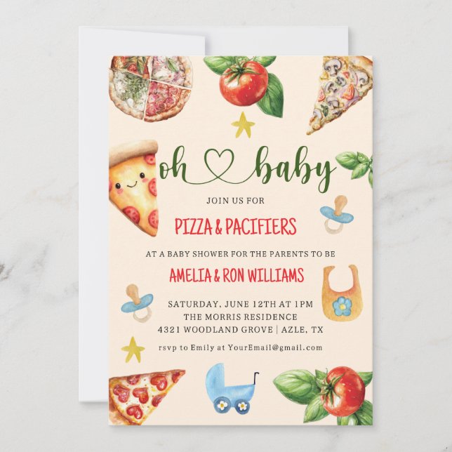 Convite para Chá de Bebê Oh Baby Pizza + Chupetas (Frente)