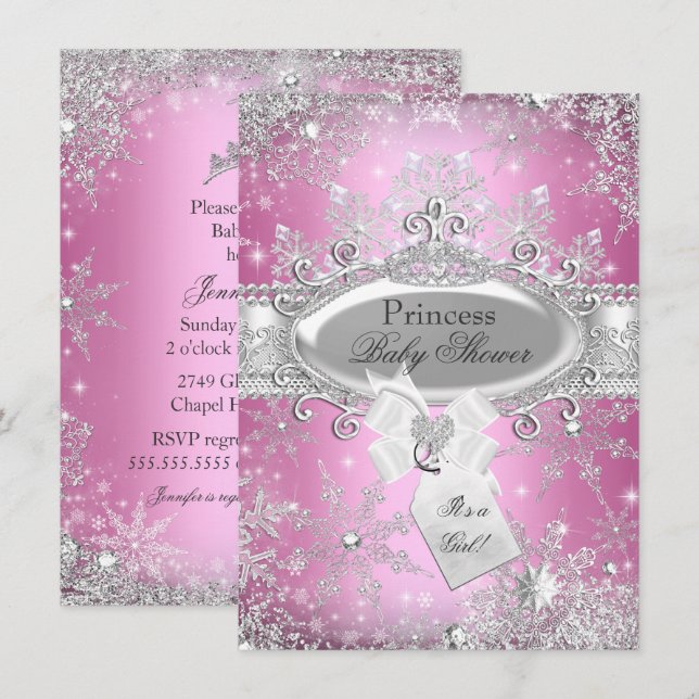 Convite para Chá de Bebê Pink Princess Winter Wond (Frente/Verso)
