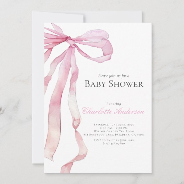 Convite para Chá de Bebê Rosa de Aquarela (Frente)