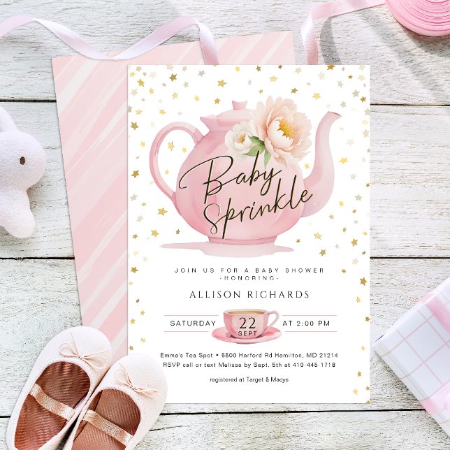 Convite para Chá de Bebê Rosa Festa Baby Sprinkle (Pink Tea Party Baby Shower)