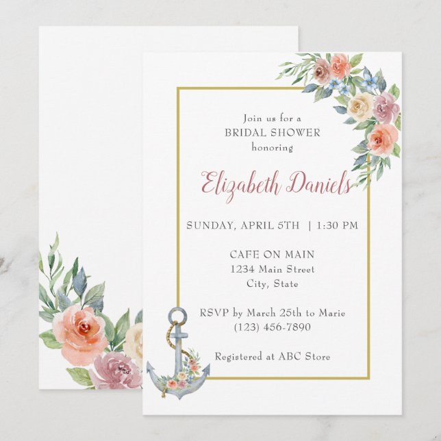 Convite para Chá de casamento de Âncora Náutica (Frente/Verso)