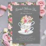 Convite para chá de Chá de panela Elegante<br><div class="desc">Xícaras de chá de porcelana,  com bonito floral cor-de-rosa,  em fundo de película de cinza para uma festa de chá de noiva.</div>