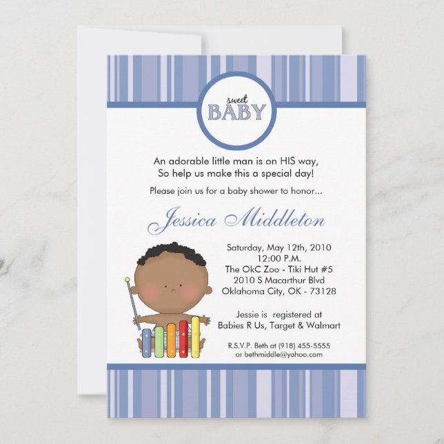 Convite para Chá de fraldas 5 x 7 Blue African Bab (Frente)