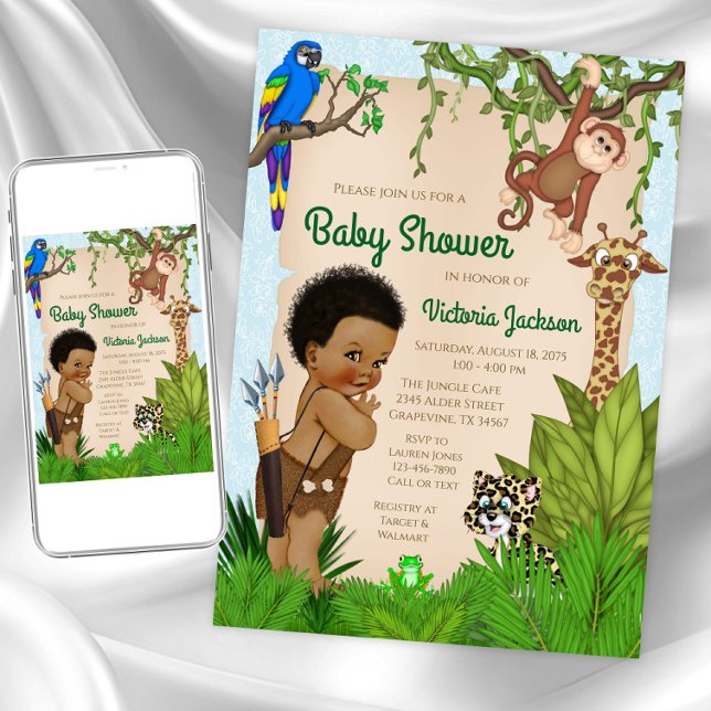 Convite para Chá de fraldas Afro Hair Boy Safari (Boy safari baby shower invitation. Instant download and printed invitations available.)