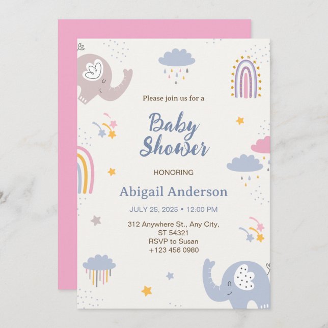 Convite para Chá de fraldas Arco-Íris de Elefante  (Frente/Verso)