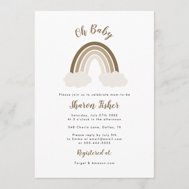 Convite para Chá de fraldas Arco-Íris Neutro de Gê (Frente)