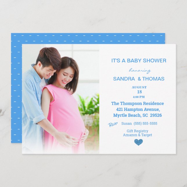 Convite para Chá de fraldas Azul Fotográfico de ca (Frente/Verso)