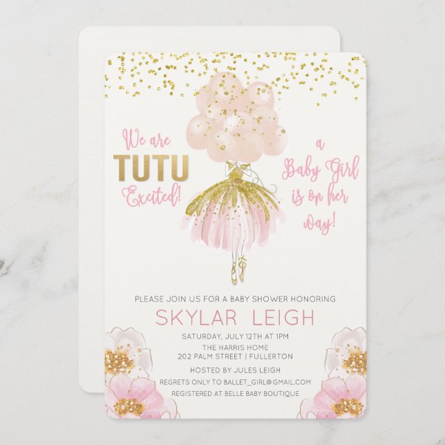 Convite para Chá de fraldas Ballerina (Frente/Verso)