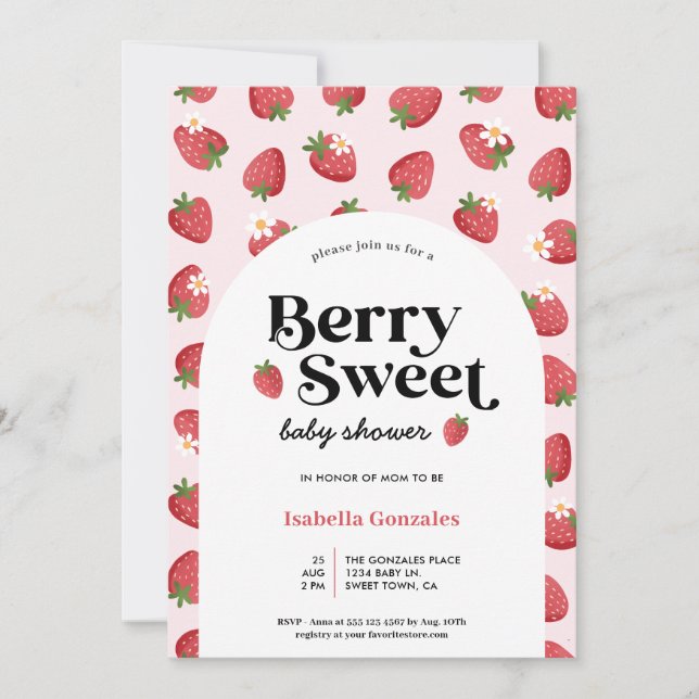 Convite para Chá de fraldas Berry Sweet Strawberry (Frente)