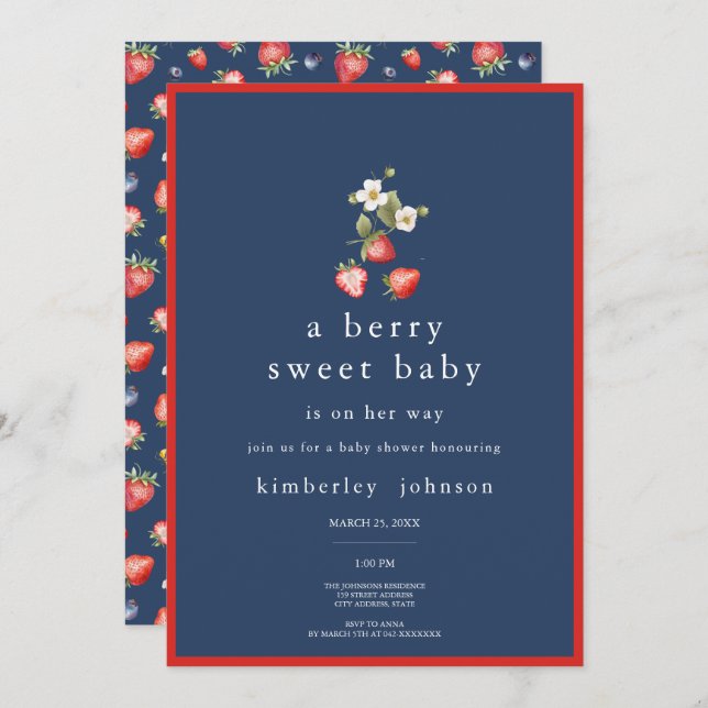 Convite para Chá de fraldas Berry Sweet Strawberry (Frente/Verso)