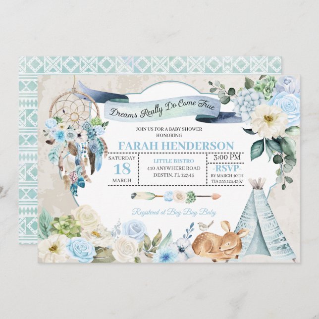 Convite para Chá de fraldas Boho Woodland Dreamcat (Frente/Verso)