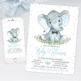 Convite para Chá de fraldas Boy Elephant Tie Glitt