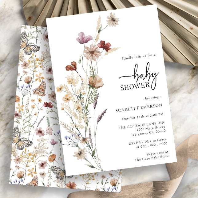 Convite para Chá de fraldas Branco Floral (Boho Wildflower Floral Baby Shower Invitation on white background by painted Paperie
)